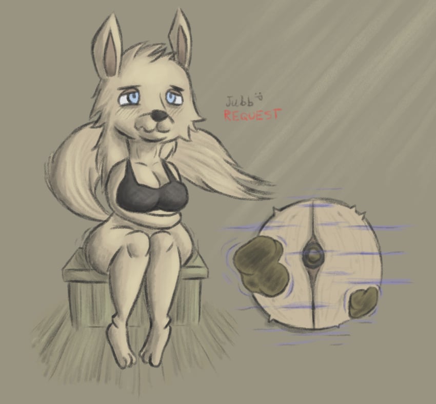 2018 anthro anus ass black_anus black_bra black_clothing black_nose black_underwear blue_eyes blush blush_lines bottomless bra bra_only breasts butt_shot canid canine cleavage clothed clothing dark_anus discomfort feces feces_in_ass female fox fur holding_stomach jubb knock-kneed mammal motion_lines outhouse pooping_in_toilet pooping_into_water scat signature solo tan_body tan_fur true_fox under_shot under_view underwear underwear_only