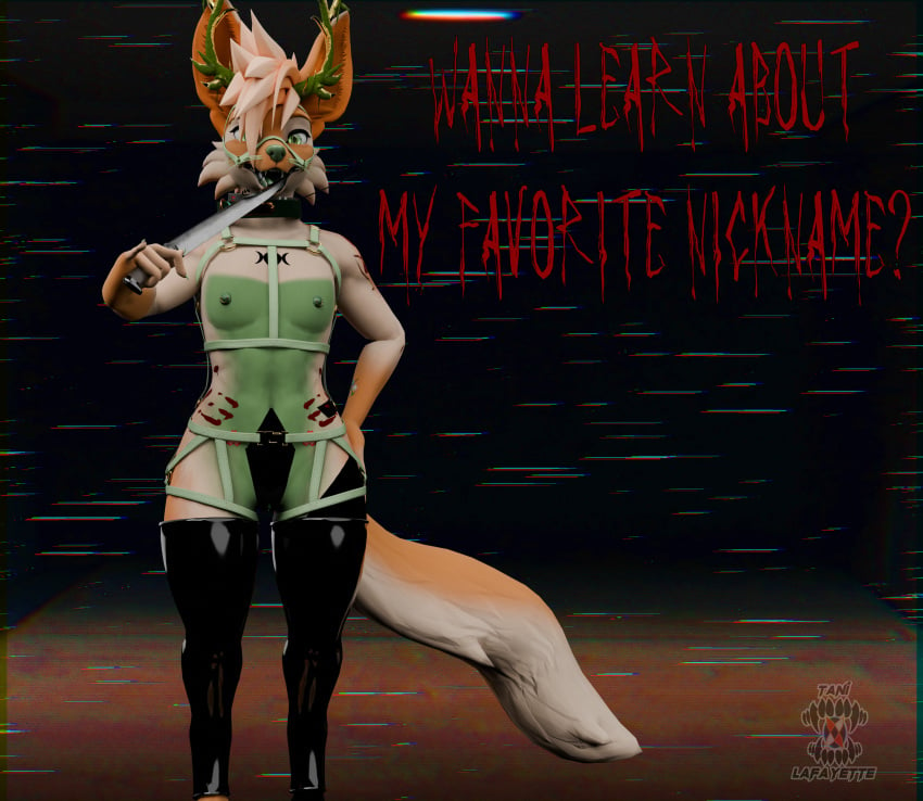 absurd_res affogato_lieve_(rook_douglas) andromorph anthro antlers canid canine clothing cuntboy fennec_fox fox genitals harness hi_res horn intersex knife knife_play latex latex_clothing legwear licking_knife looking_at_viewer mammal nipple_piercing nipples piercing pussy rook_douglas smile smiling_at_viewer solo tattoo tattoos_everywhere text thigh_highs true_fox