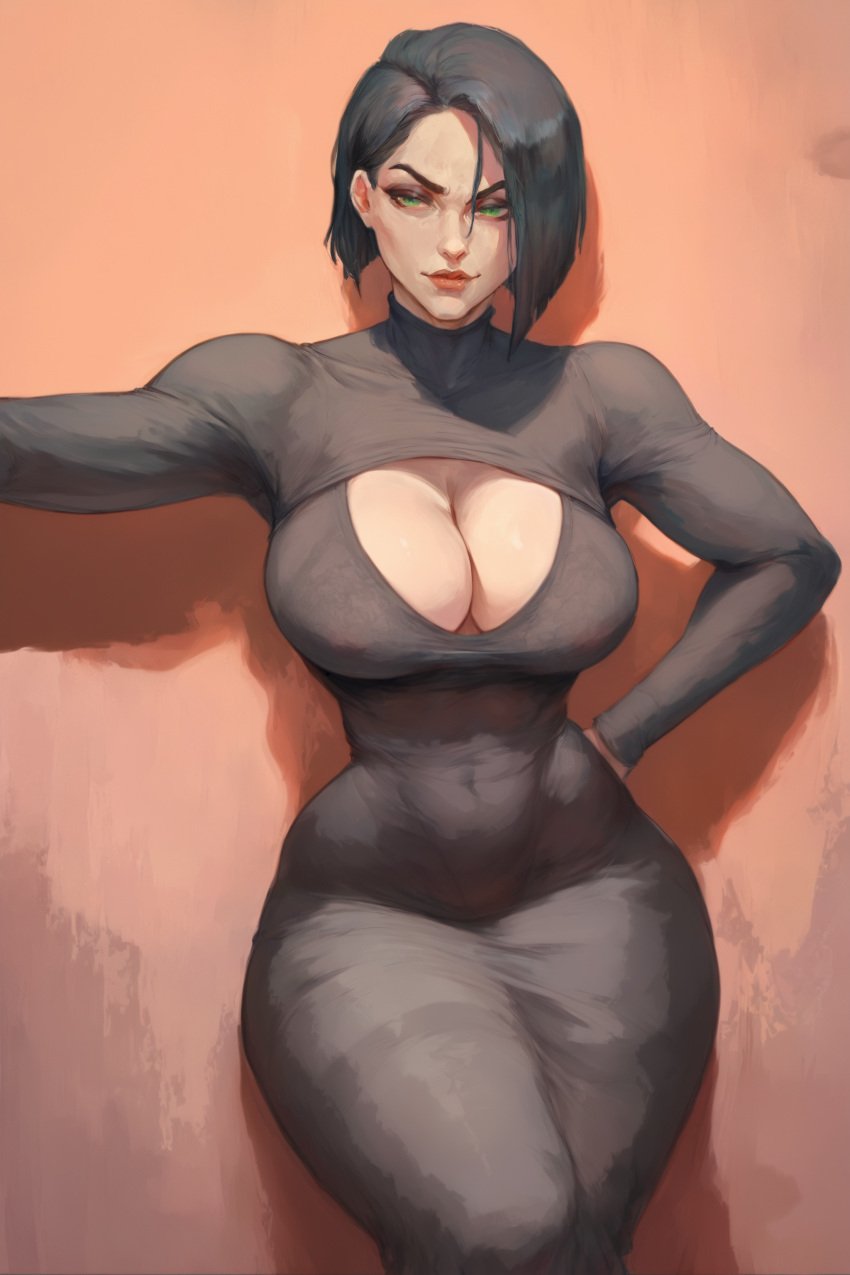 1girls ai_generated cleavage cleavage_cutout curvy dress female_only fit_female green_eyes hi_res large_breasts see-through short_hair simple_background slim_waist stockings thedachy valorant viper_(valorant) wide_hips