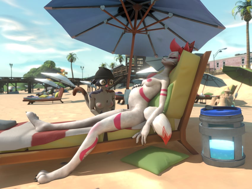 3d_(artwork) 4:3 absurd_res anonymous_artist anthro areola beach beach_blanket beach_chair beach_umbrella beanie belly belly_expansion belly_inflation bikini bikini_bottom bikini_top blender_(artwork) blender_eevee breasts canid canine chug_jug closed_eyes clothing digital_media_(artwork) domestic_cat duo epic_games expansion felid feline felis female fortnite fox fur fur_markings hair hat headgear headwear hi_res inflation kimiko_five-tails lying mammal markings meow_skulls nipples on_back parasol pillow pink_hair sand sitting sitting_on_ground small_breasts swimwear tail two-piece_swimsuit white_body