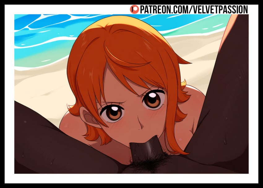 beach blowjob blowjob_face dark-skinned_male fellatio interracial light-skinned_female looking_at_viewer nami nami_(one_piece) one_piece orange_hair pov short_hair sucking sucking_penis topless topless_female