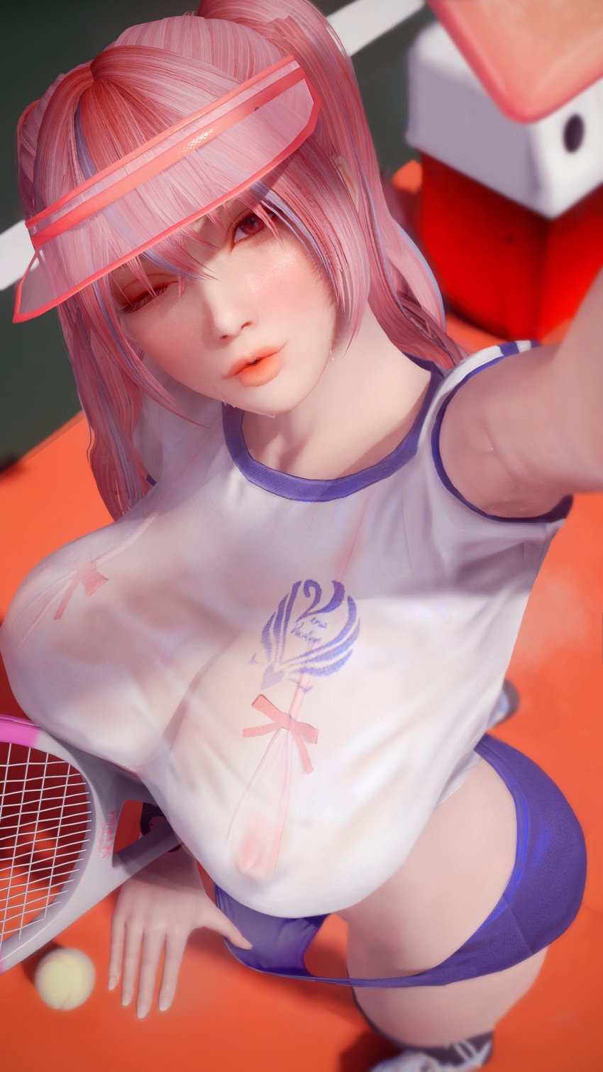 1girls 3d 3d_render big_breasts bikini blue_highlights dead_or_alive female honoka_(doa) large_breasts long_hair looking_at_viewer multicolored_hair pink_bikini pink_eyes pink_hair shirt shorts shorts_pull solo sportswear standing susu_skyrim tennis_ball tennis_racket translucent_clothing twintails visor_cap