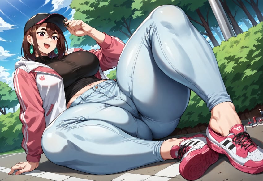 ai_generated ayase_momo cap dandadan giantess hourglass_figure huge_breasts jacket outdoors shoes size_difference smiling