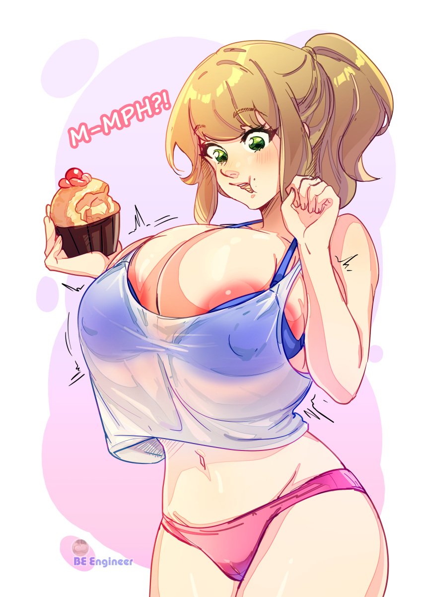 1girls areola_slip beengineer big_areola big_breasts big_nipples blonde_hair blue_bra bra breast_expansion cleavage cupcake dialogue eating eating_food expansion green_eyes inherentlysostrange light-skinned_female navel nipples_visible_through_clothing panties pink_panties tagme