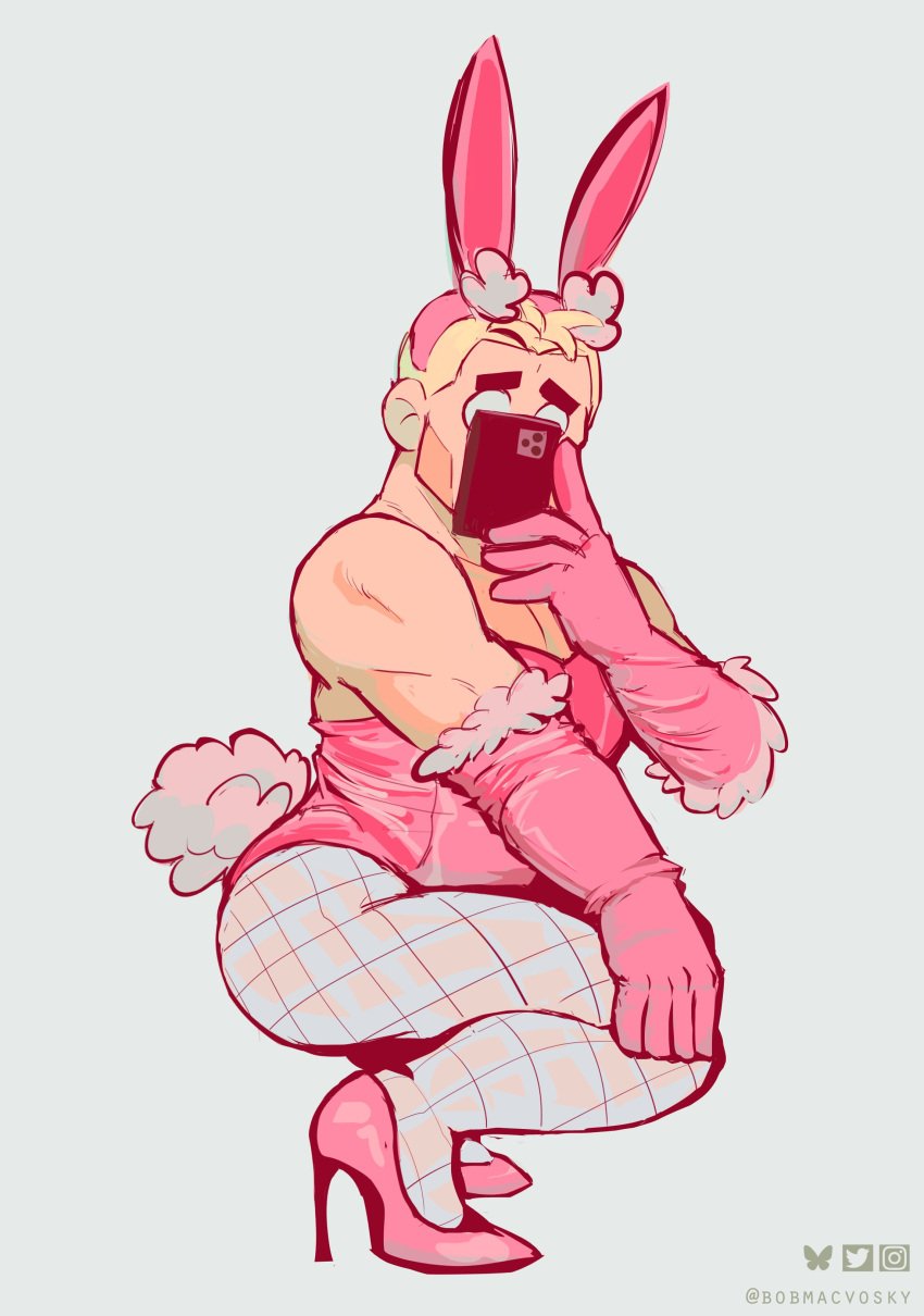 ass bara blonde_hair brawl_stars bunny_boy bunny_ears bunny_tail bunnysuit dilf femboy feminization gay gloves grom_(brawl_stars) heels hi_res homosexual light-skinned_male light_skin male male_only phone pink_bunnysuit pink_gloves pink_heels pink_suit selfie short_hair solo solo_male submissive submissive_male tight_clothing white_background