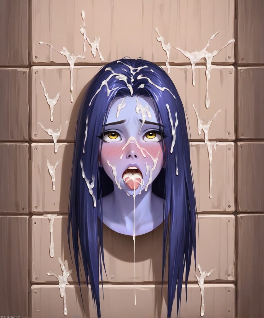 1girls ahe_gao ai_generated blush bukkake cum cum_in_mouth female glory_wall overwatch purple_skin tongue_out widowmaker young