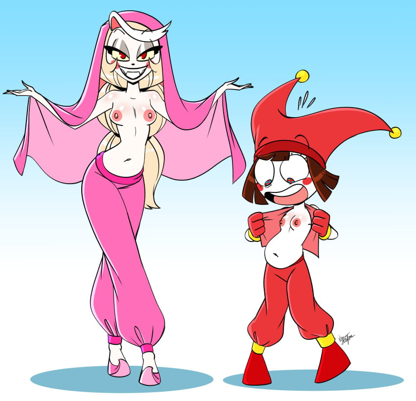 2girls aeolus06 belly_dancer belly_dancer_outfit breasts breasts breasts charlie_morningstar_(hazbin_hotel) curvy demon female hazbin_hotel jester jester_hat pomni_(the_amazing_digital_circus) small_breasts the_amazing_digital_circus topless white_skin