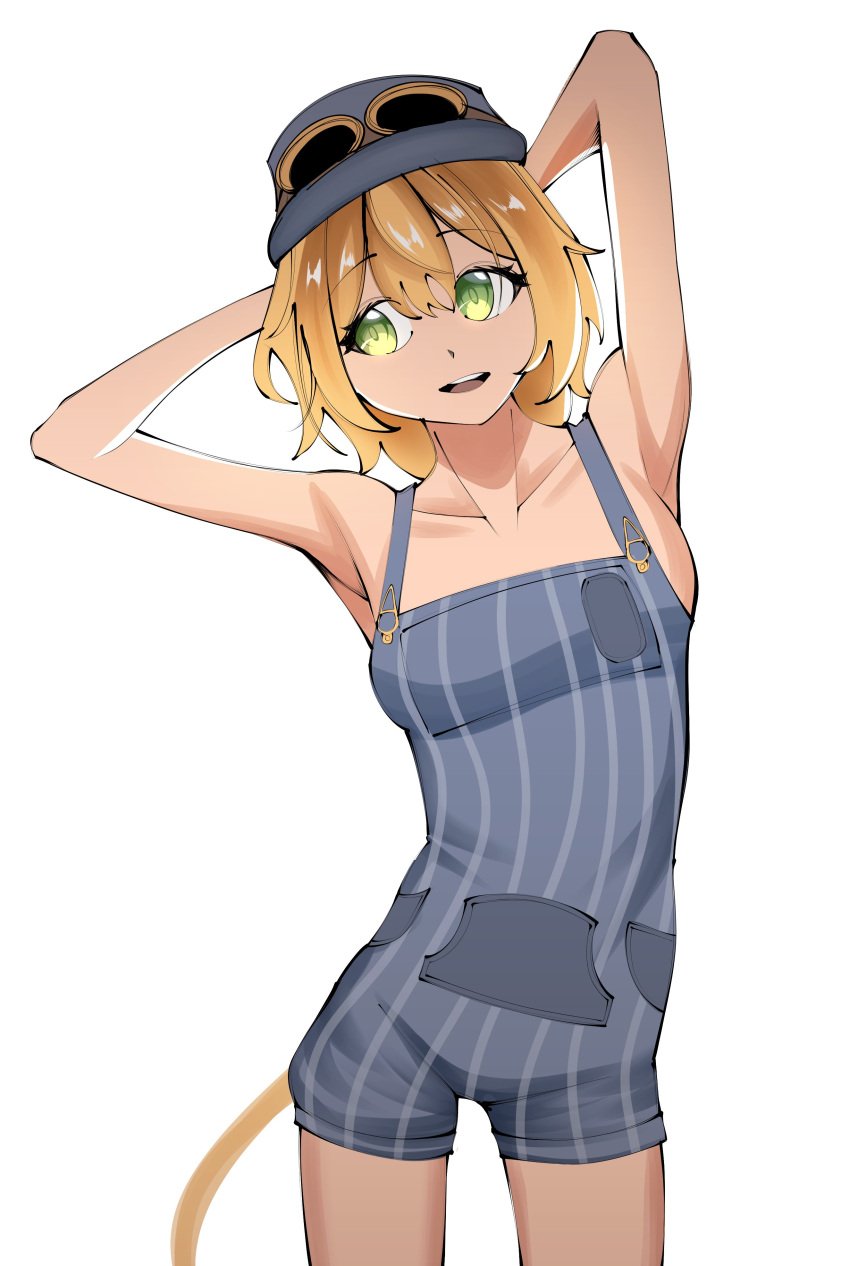 armpit blonde_hair conductor_hat conductor_uniform dooby3d gloves goggles green_eyes indie_virtual_youtuber jerboa jerboa_humanoid looking_sideways plain_background sideboob virtual_youtuber wakipai wethoneybadger white_background