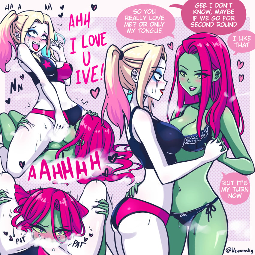 2girls ahe_gao ass batman_(series) black_lips blonde_hair blush bra breasts censored cleavage clothing_aside colored_skin colored_tips couple crop_top cunnilingus dc_comics green_skin harley_quinn harley_quinn_(cartoon) heart heart-shaped_pupils highres holding_hands lipstick makeup multicolored_hair multiple_girls oral paid_reward_available panties panties_aside poison_ivy red_hair red_lips runny_makeup sitting_on_face smile speech_bubble sweat symbol-shaped_pupils twintails underwear vewuinsky white_skin yuri