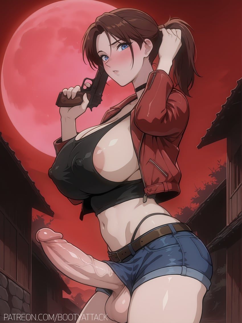 1futa ai_generated blue_eyes bootyattack claire_redfield cleavage covered_nipples crop_top denim_shorts erection futa_only futanari jacket looking_at_viewer night outdoors ponytail resident_evil seductive seductive_look shorts sideboob solo solo_focus solo_futa stable_diffusion