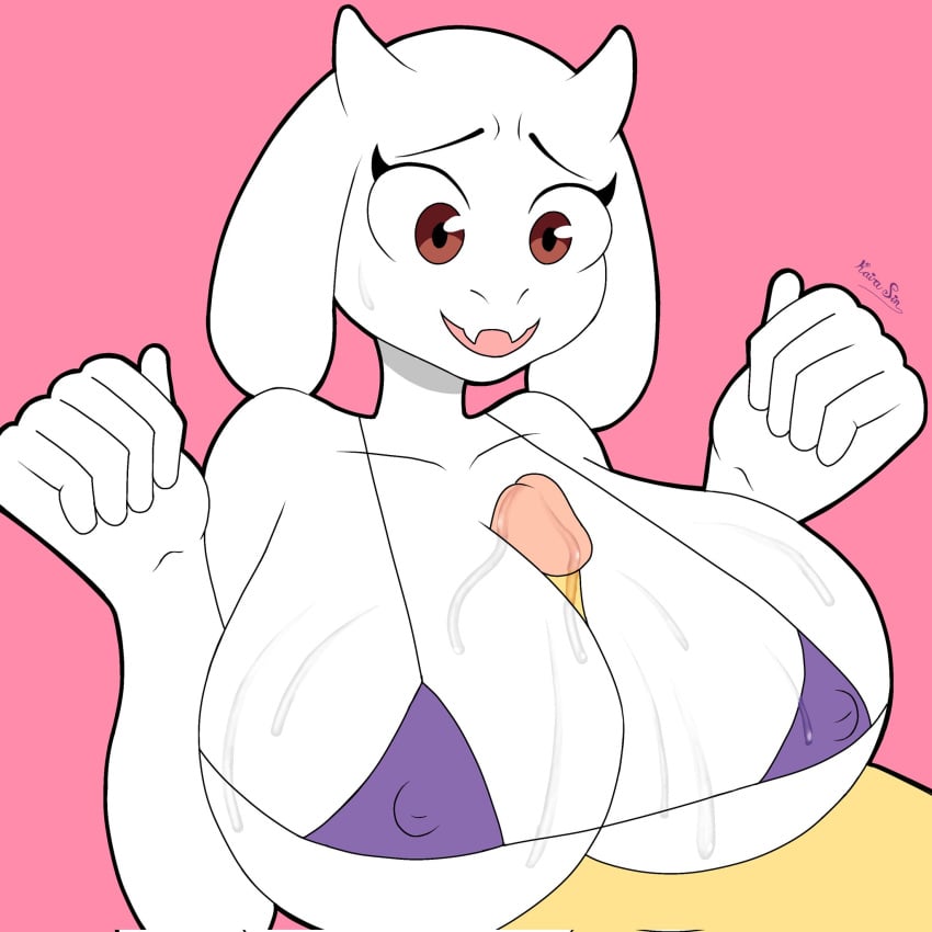 big_breasts big_penis bikini breasts breasts_bigger_than_head goat goat_horns horns huge_breasts kairasin looking_at_penis mature_female milf nipple_bulge nipples open_mouth open_mouth paizuri paizuri_under_bikini penis small_bikini titfuck_under_bikini titjob toriel undertale undertale_(series)