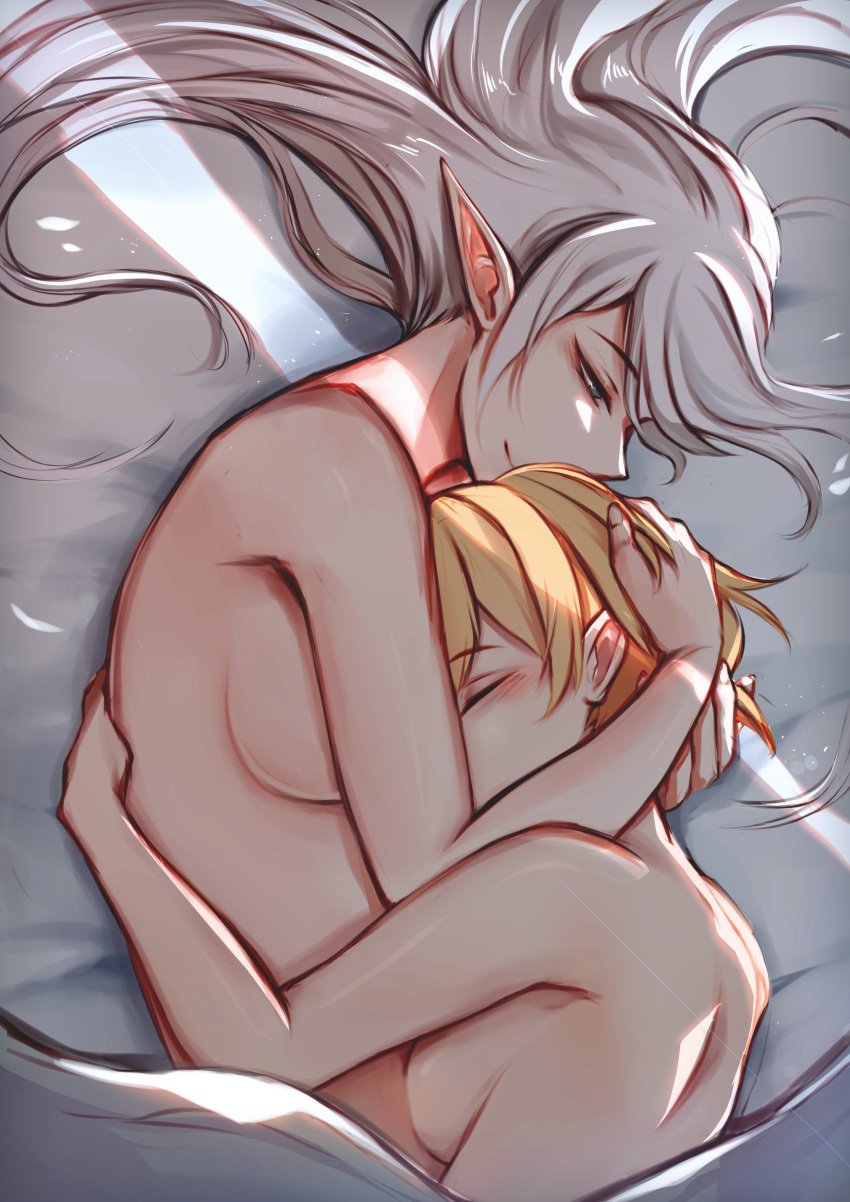 2girls bed_sheet blanket blonde_hair blush breast_press breasts closed_eyes closed_mouth elf elfboiii from_above grey_eyes head_hug hug light_smile long_hair lying medium_breasts multiple_girls naked_sheet nude on_side original pointy_ears short_hair under_covers white_hair yuri