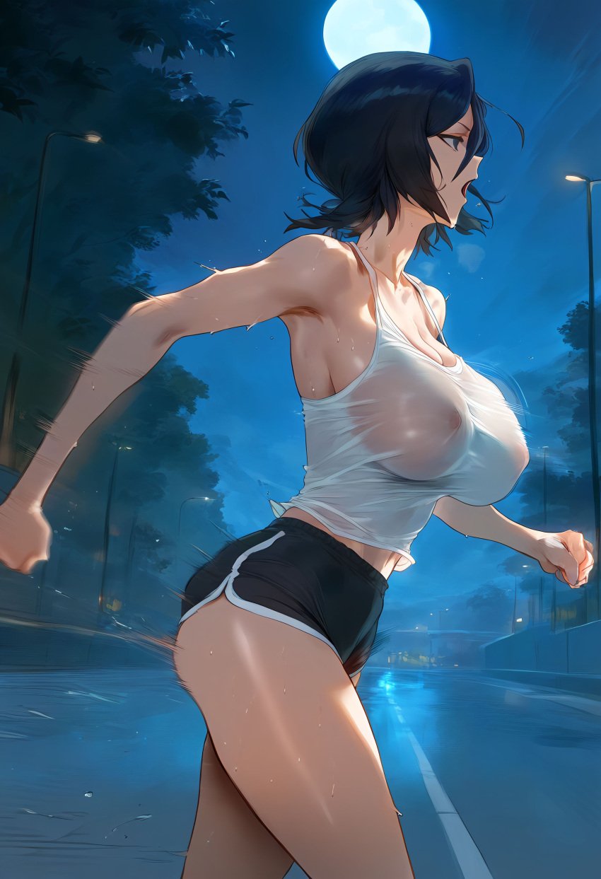 1girls ai_generated alternate_breast_size big_breasts black_hair bleach bouncing_breasts erect_nipples erect_nipples_under_clothes jogging kuchiki_rukia large_breasts lungart night nipple_bulge nipples nipples_visible_through_clothing outdoors outside see-through see-through_clothing see-through_shirt short_hair shorts tank_top