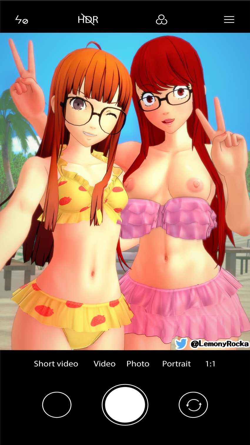 2girls 3d 3d_(artwork) atlus beach bikini bikini_pull breasts breasts_out embarrassed embarrassed_expression embarrassed_female female female/female female_only gray_eyes koikatsu lemonyrocka orange_hair persona persona_5 persona_5_royal phone phone_camera phone_screen phone_view red_eyes red_hair sakura_futaba sega self_upload sumire_yoshizawa yuri