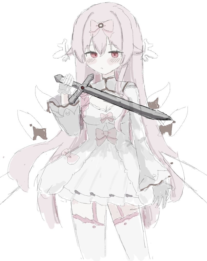 arcaea boots bow breasts cleavage dress female hair_between_eyes highres hikari_(arcaea) hikari_(fatalis)_(arcaea) holding holding_sword holding_weapon long_hair long_sleeves moqcq not_porn pink_bow pink_hair red_eyes sword thigh_boots weapon white_dress