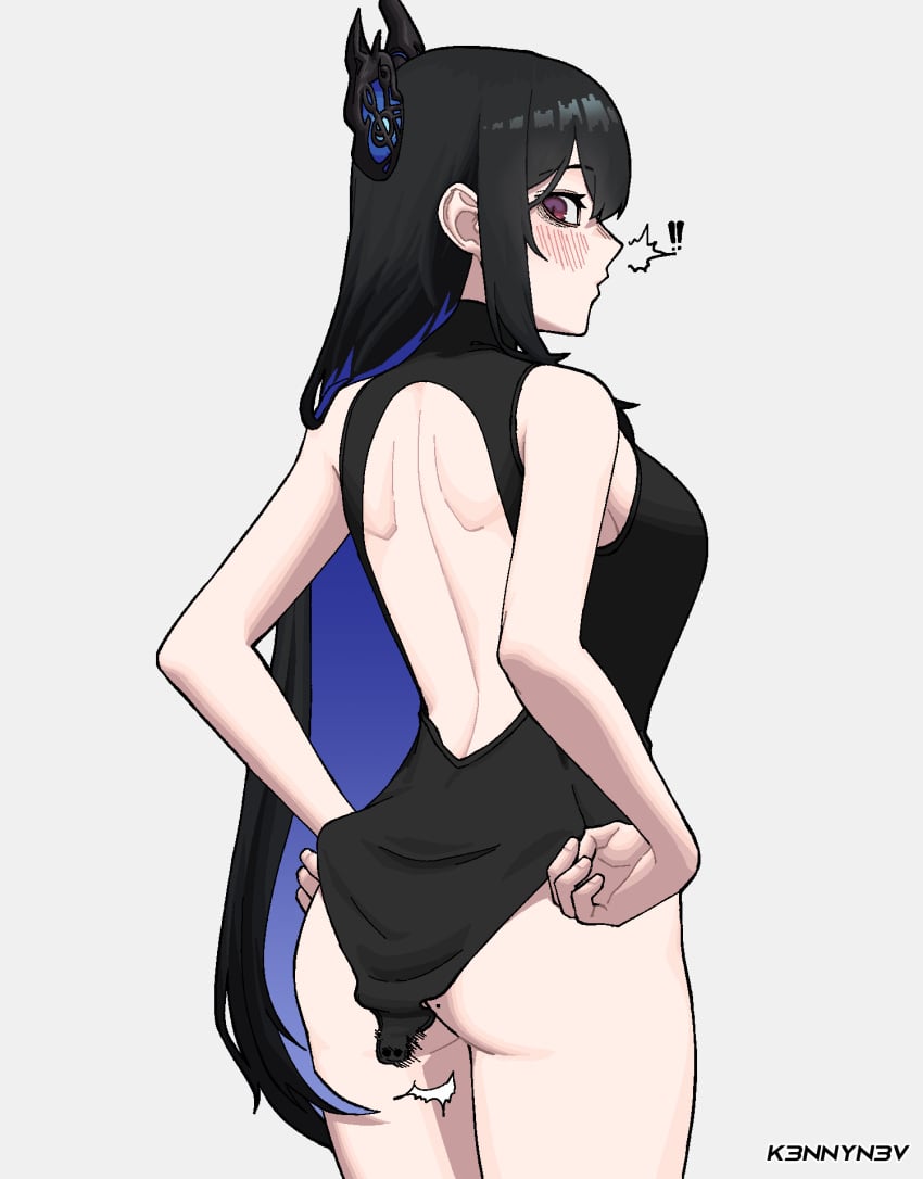 ass ass_focus blush blushing_profusely embarrassed hololive hololive_english k3nnyn3v long_hair nerissa_ravencroft open_mouth shocked smile swimsuit torn_swimsuit vtuber watermark