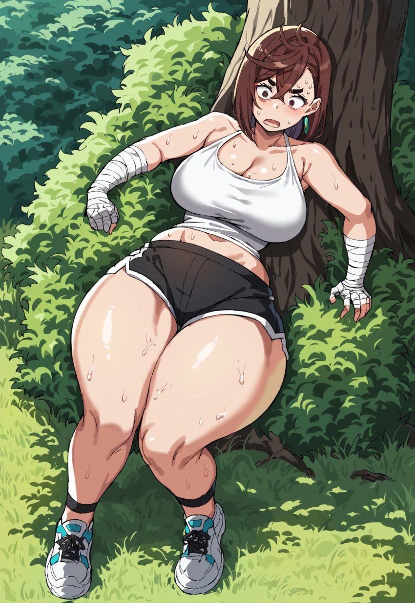 ai_generated anime ayase_momo bandage bleeding brown_hair bruised civitai clothed clothed_female dandadan earings flabbergasted forest gloves hotpants hourglass_figure huge_breasts looking_at_viewer looking_back mini_giantess outdoors outside shocked_expression sleeping slim_waist smiling suprised_look sweat sweating tank_top thick_thighs thunder_thighs wounded