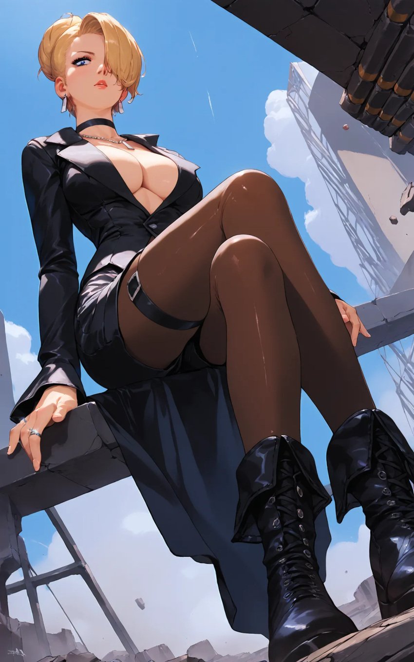 1girls ai_generated big_breasts blonde_hair blue_eyes building busty clothed collar curvaceous dress earrings female hair_bun king_of_fighters light-skinned_female light_skin long_hair mature_(kof) natural_breasts one_eye_covered one_eye_obstructed pale-skinned_female pale_skin soft_breasts voluptuous voluptuous_female white_skin