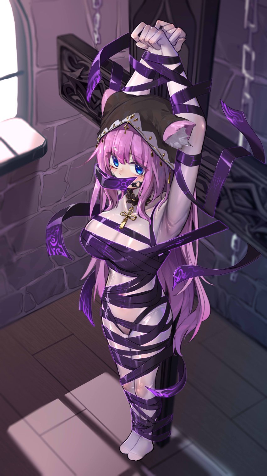 absurdres animal_ears armpits ball_gag blue_eyes bodystocking bodysuit bondage bondage bound bound_arms bound_legs breasts cross gag gagged highres hood large_breasts long_hair mummy nun original pink_hair restrained see-through_clothes shoes standing xiongmao