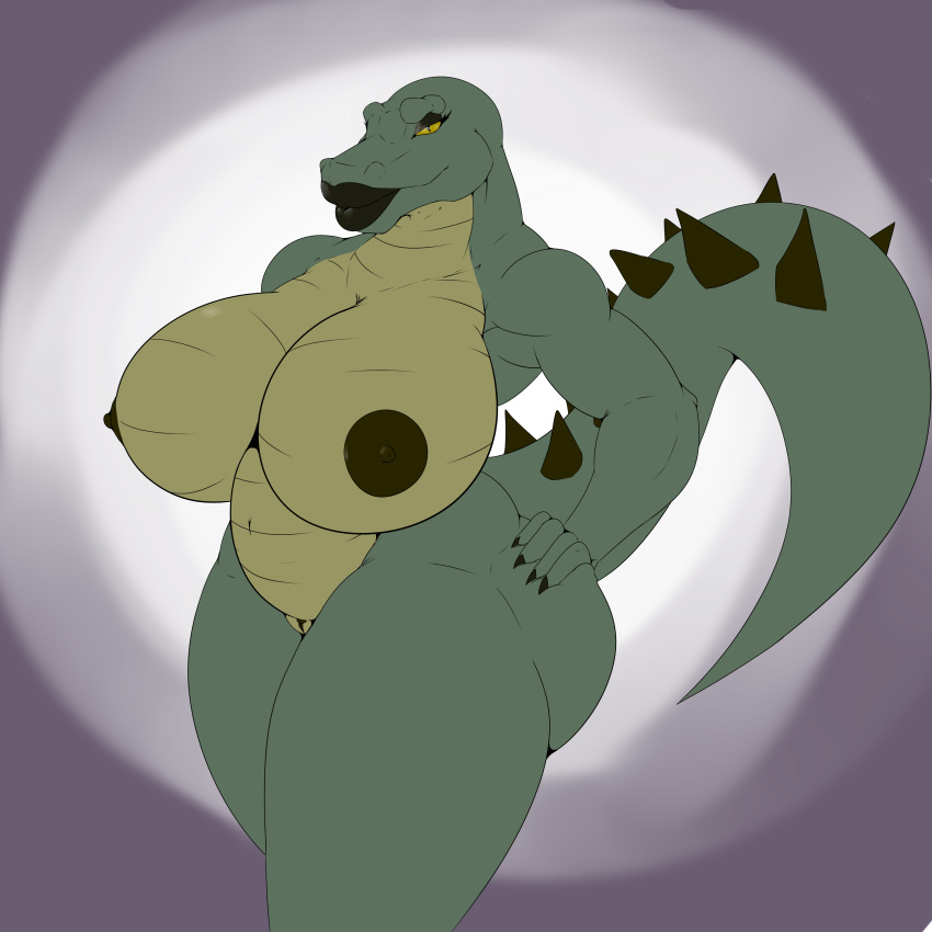 2017 alligator angrypotato96 anthro belly breasts chubby crocodilian female hand_on_hip hi_res huge_breasts navel nipples nude olivia_(character) pussy reptile scalie smile solo