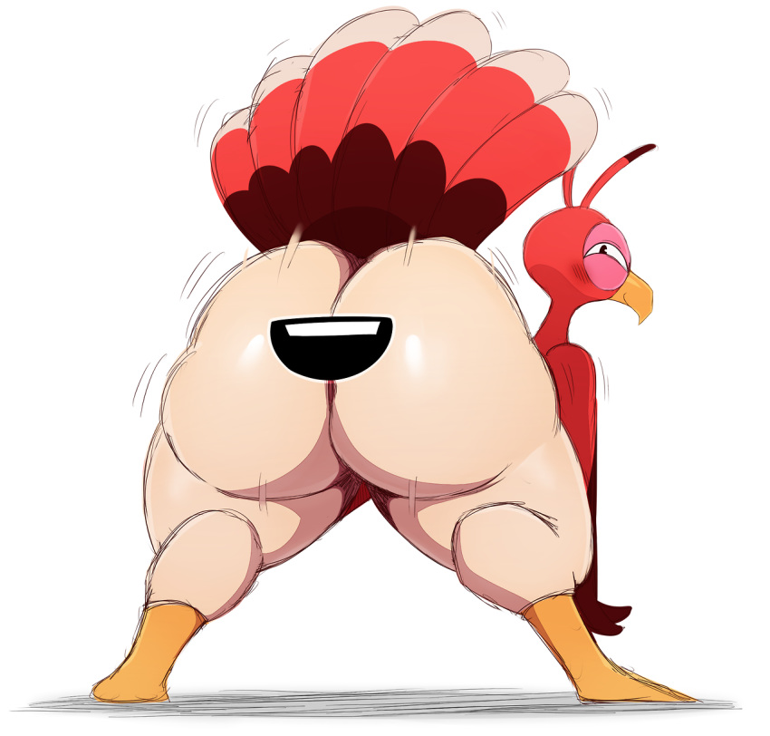 :d ambiguous_gender anus_mouth ass ass_mouth avian barefoot beak big_butt bird blush butt_mouth feathers feral looking_at_viewer looking_back miitopia nintendo nude open_mouth presenting presenting_hindquarters smile solo spread_legs spreading squint sssonic2 standing teeth thick_thighs turkey twerkey video_games