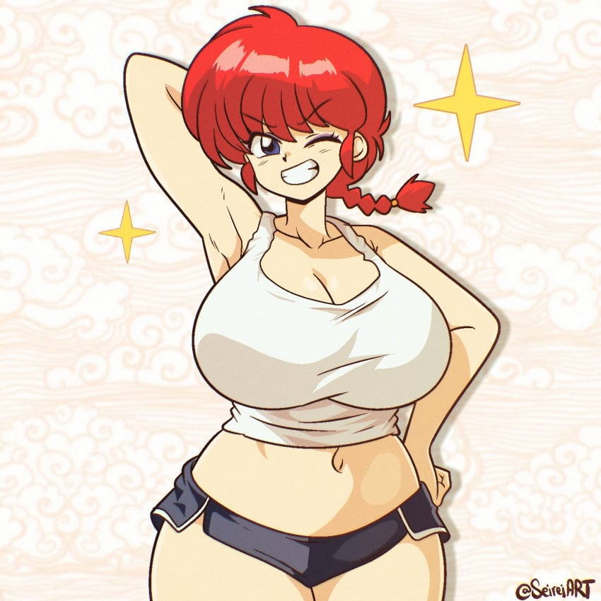 1girls artist_name blue_eyes braided_ponytail busty cleavage clothing female female_only huge_breasts large_breasts looking_at_viewer navel one_arm_up one_eye_closed parted_lips ponytail raised_arm ranma-chan ranma_1/2 ranma_saotome red_hair seireiart shirt shorts smile solo star tank_top teeth thick_thighs tied_hair wide_hips wink