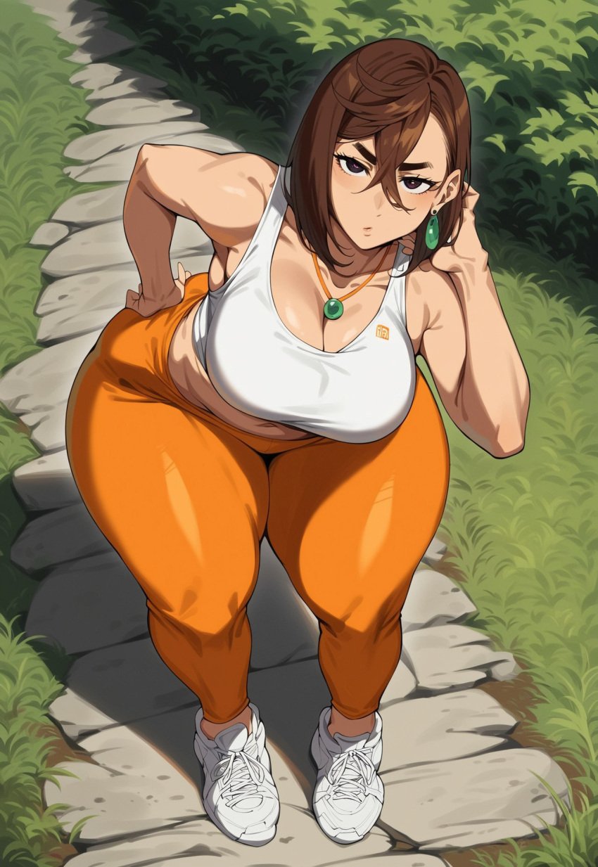 ai_generated anime ayase_momo bent_over brown_hair civitai clothing dandadan earings exposed_midriff fit_female fitness hourglass_figure huge_breasts orange outside running_shoes shorts staring_at_viewer sweat sweating tank_top thick_thighs