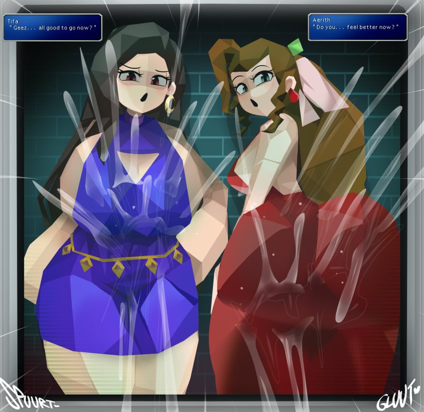 2girls aerith_gainsborough ass big_ass big_breasts black_hair bottom_heavy breasts brown_hair bubble_butt busty captain_kirb cleavage cum cumshot dat_ass dress ear_piercing earrings fat_ass female female_only final_fantasy_vii hand_on_hip huge_ass huge_breasts large_ass large_breasts looking_at_viewer looking_back low_poly massive_ass masturbation piercing png polygon polygonal text text_box thick_ass thick_thighs tifa_lockhart wide_hips