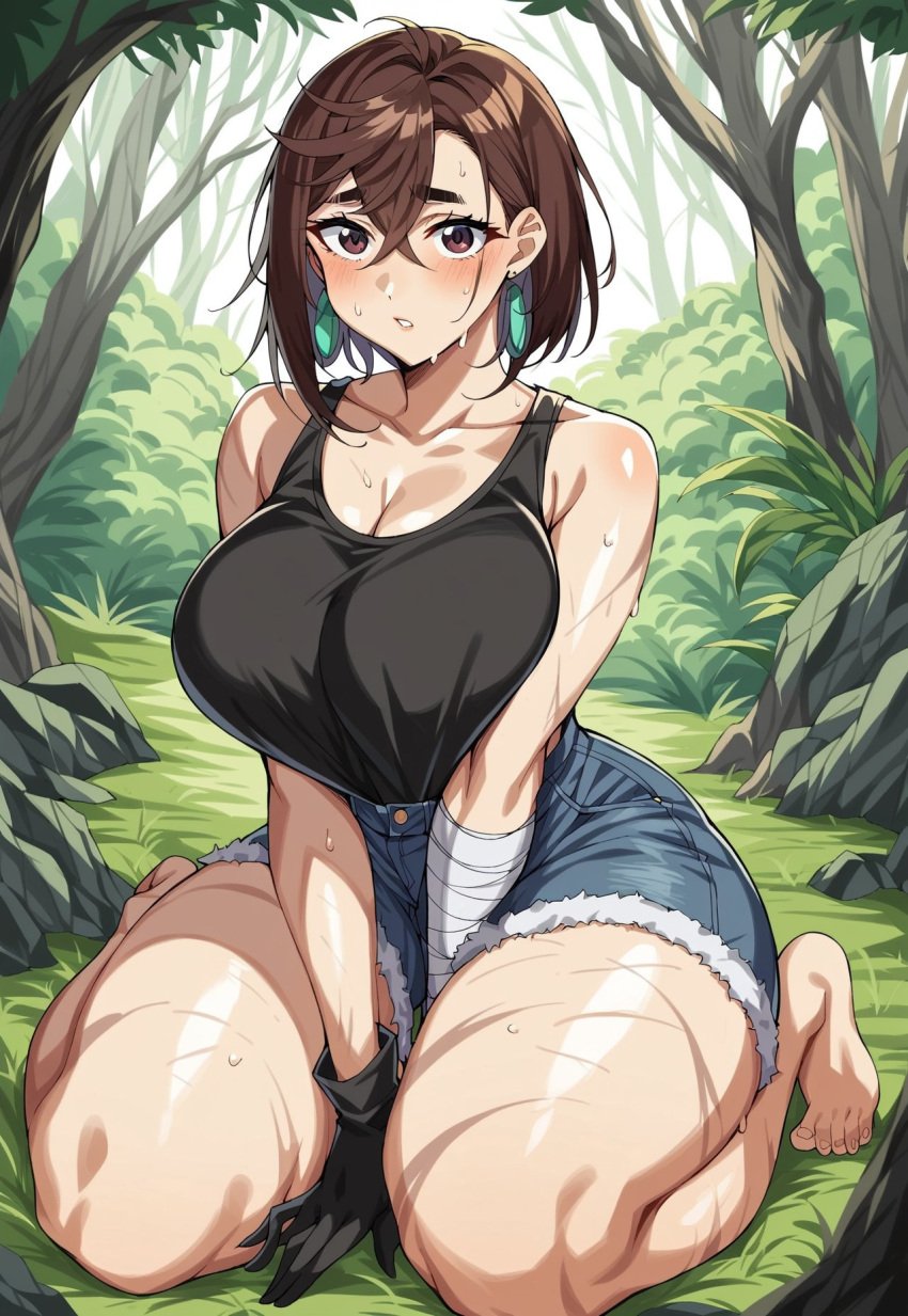 ai_generated anime ayase_momo bandage brown_hair bruised civitai dandadan earings gloves hotpants hourglass_figure huge_breasts looking_at_viewer outdoors outside slim_waist smiling sweat sweating tank_top thick_thighs thunder_thighs wounded