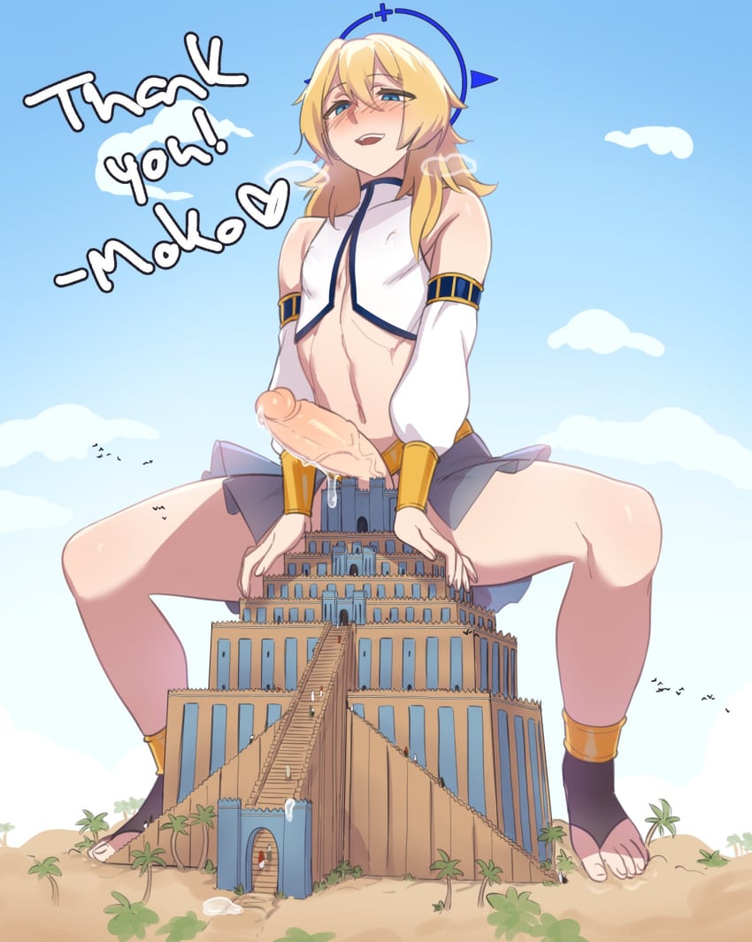 1boy big_penis blonde_hair blue_eyes blush clothing erect_penis erection femboy giant giant_femboy giant_male leo_(ban_hammer) light-skinned_male light_skin macro male_focus mokotoko9 penis precum precum_drip trap