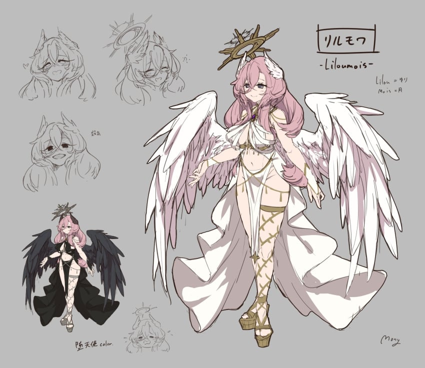 black_wings halo highres pink_hair tagme wedge_heels white_wings wing_hair_ornament wings