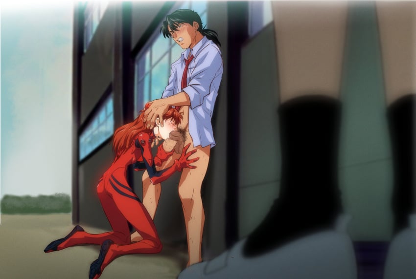 1boy 2girls amondetauro ayanami_rei black_socks blue_shirt blush closed_eyes erection highres kaji_ryouji multiple_girls necktie neon_genesis_evangelion oral penis shirt socks souryuu_asuka_langley white_footwear