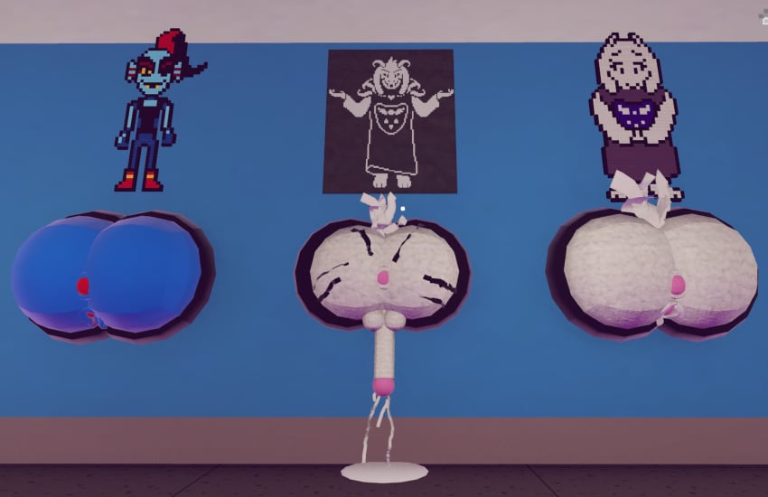 3d anthro anus asriel_dreemurr ass balls blue_skin cum cum_drip cum_dripping cum_dripping_from_penis cum_on_floor furry game_cg game_screenshot lineup mother_and_son penis pussy recroom recroom-nsfw stuck stuck_in_wall toriel undertale undertale_(series) undyne wall white_fur