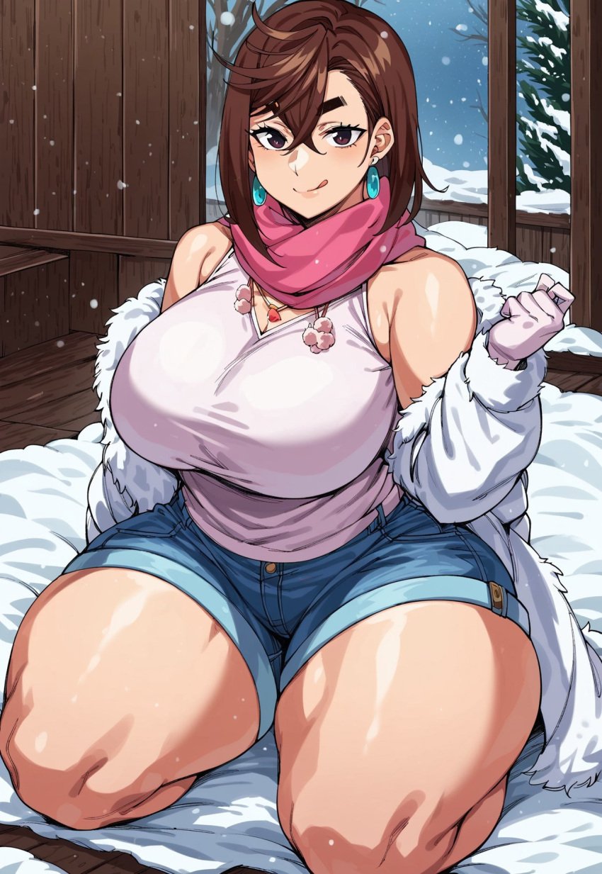 ai_generated ayase_momo brown_hair civitai clothed_female dandadan earrings gloves hands hips hotpants hourglass_figure huge_breasts jacket necklace on outside scarf smiling smirking snow thick_thighs trees