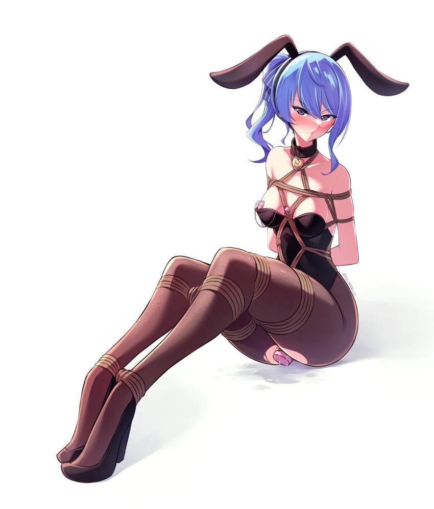 absurdres angry arms_behind_back bare_shoulders black_collar black_leotard blue_eyes blue_hair bondage bound bound_arms bound_legs breasts clenched_teeth collar dildo embarrassed female full_body hair_between_eyes high_heels highres hip_focus hololive hoshimachi_suisei knees_up leotard leotard_pull maullarmaullar medium_breasts medium_hair nipple_slip nipple_stimulation nipples object_insertion one_breast_out pantyhose parted_lips playboy_bunny ponytail pussy_juice pussy_juice_puddle sex_toy sitting solo star_(symbol) star_in_eye strapless strapless_leotard symbol_in_eye teeth thighs torn_clothes torn_pantyhose vaginal_object_insertion vaginal_penetration vibrator vibrator_on_nipple virtual_youtuber