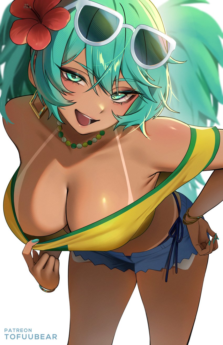 1girls absurdres aqua_eyes aqua_hair bead_necklace beads bent_over big_breasts blue_shorts brazilian_miku breasts cleavage commentary female flower hair_flower hair_ornament hatsune_miku highres jewelry large_breasts looking_at_viewer necklace open_mouth patreon_username red_flower short_shorts shorts simple_background solo standing sunglasses tan tanline tofuubear twintails vocaloid white_background