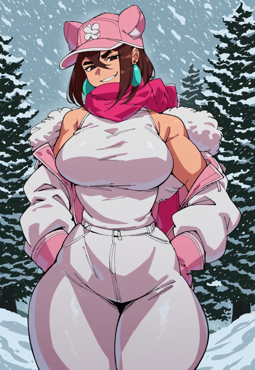 ai_generated ayase_momo brown_hair cap civitai clothed_female dandadan earrings gloves hands hat hips hourglass_figure huge_breasts jacket jeans necklace on outside scarf smiling smirking snow thick_thighs trees