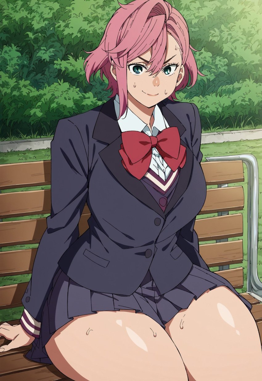 ai_generated big_breasts civitai clothed_female dandadan dumptruck_ass dumptruck_butt earings fingerless_gloves hips_wider_than_shoulders huge_breasts laying_down outdoors pink_hair school_uniform schoolgirl shiratori_aira_(dandadan) shoes slim_waist solo_female summer thick_thighs thunderthighs wet