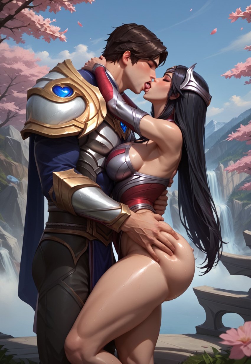 ai_generated ass big_ass big_breasts big_cock big_penis black_hair blue_eyes boobs busty busty_female french_kiss grabbing_ass horny_female hot_hero hot_man huge_breasts huge_penis hugging irelia irelia_xan kissing league_of_legends light-skinned_male loving_couple male muscular_female not_ntr revealing_clothes voluptuous_female