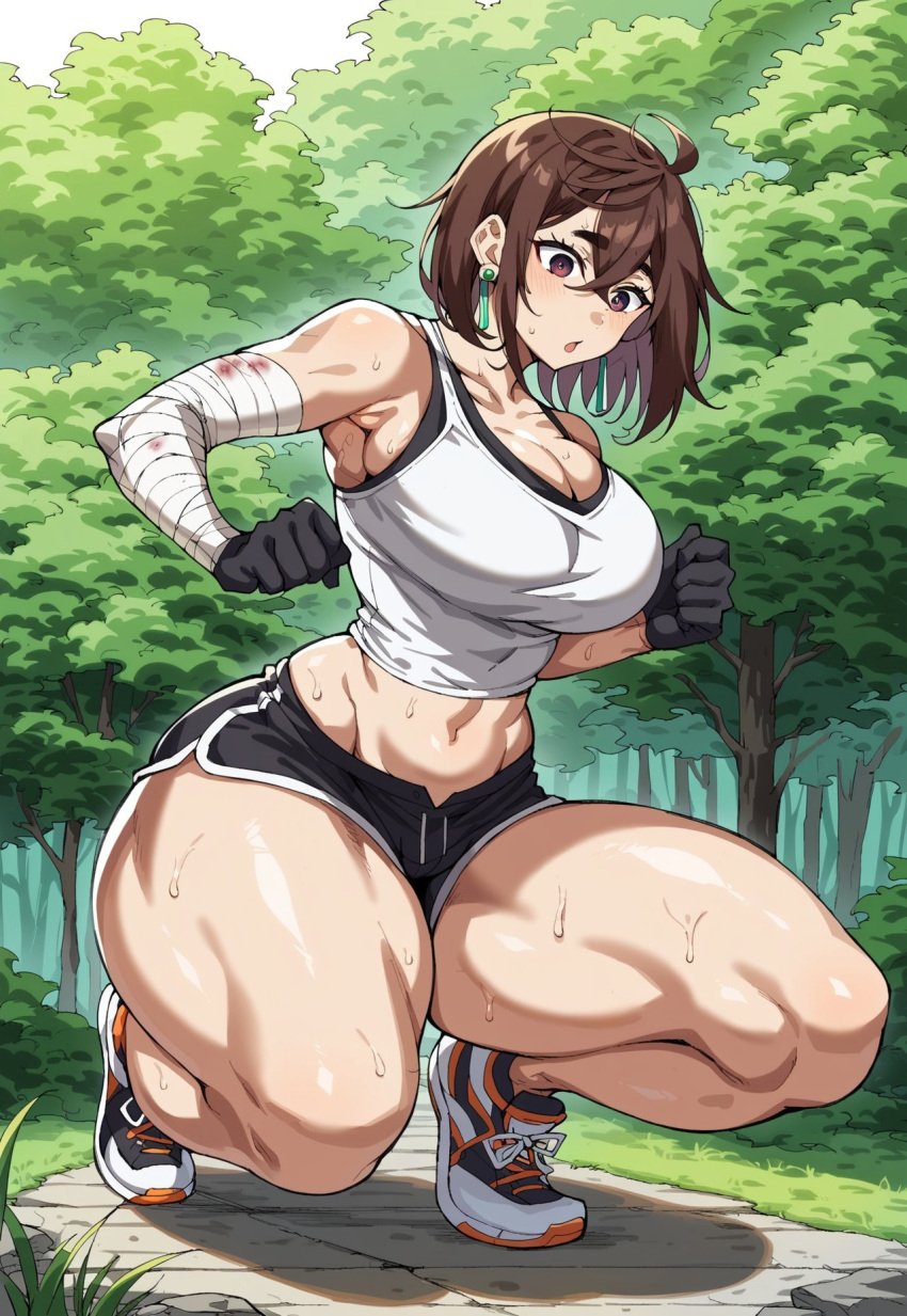 ai_generated anime ayase_momo bandage bleeding brown_hair bruised civitai clothed clothed_female crouching dandadan earings forest gloves hotpants hourglass_figure huge_breasts looking_at_viewer looking_back mini_giantess outdoors outside slim_waist smiling sweat sweating tank_top thick_thighs thunder_thighs wounded