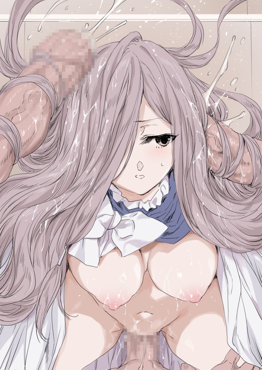 3boys breasts breasts_apart breasts_out brown_hair censored commentary_request cum cum_on_hair female grey_eyes groin hair_over_one_eye hairjob highres large_breasts long_hair mosaic_censoring multiple_boys navel nipples one_eye_covered parted_lips penis pov pov_crotch sense_(sousou_no_frieren) sex solo_focus sousou_no_frieren stomach straight vaginal_penetration veins veiny_penis very_long_hair yuiga_naoha