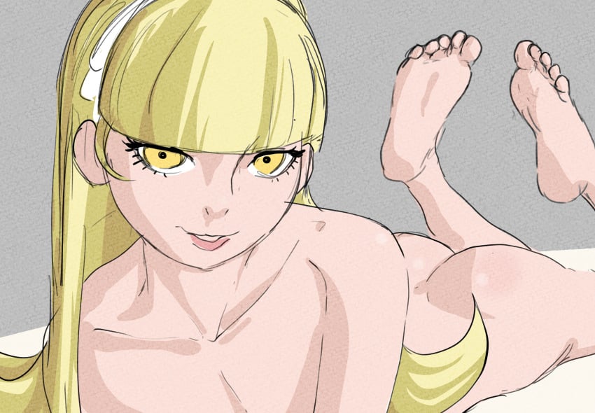 alice_(megami_tensei) ass ass_up atlus blonde_hair feet light-skinned_female light_skin looking_at_viewer majinbel petite petite_body shin_megami_tensei smile solo_female yellow_eyes