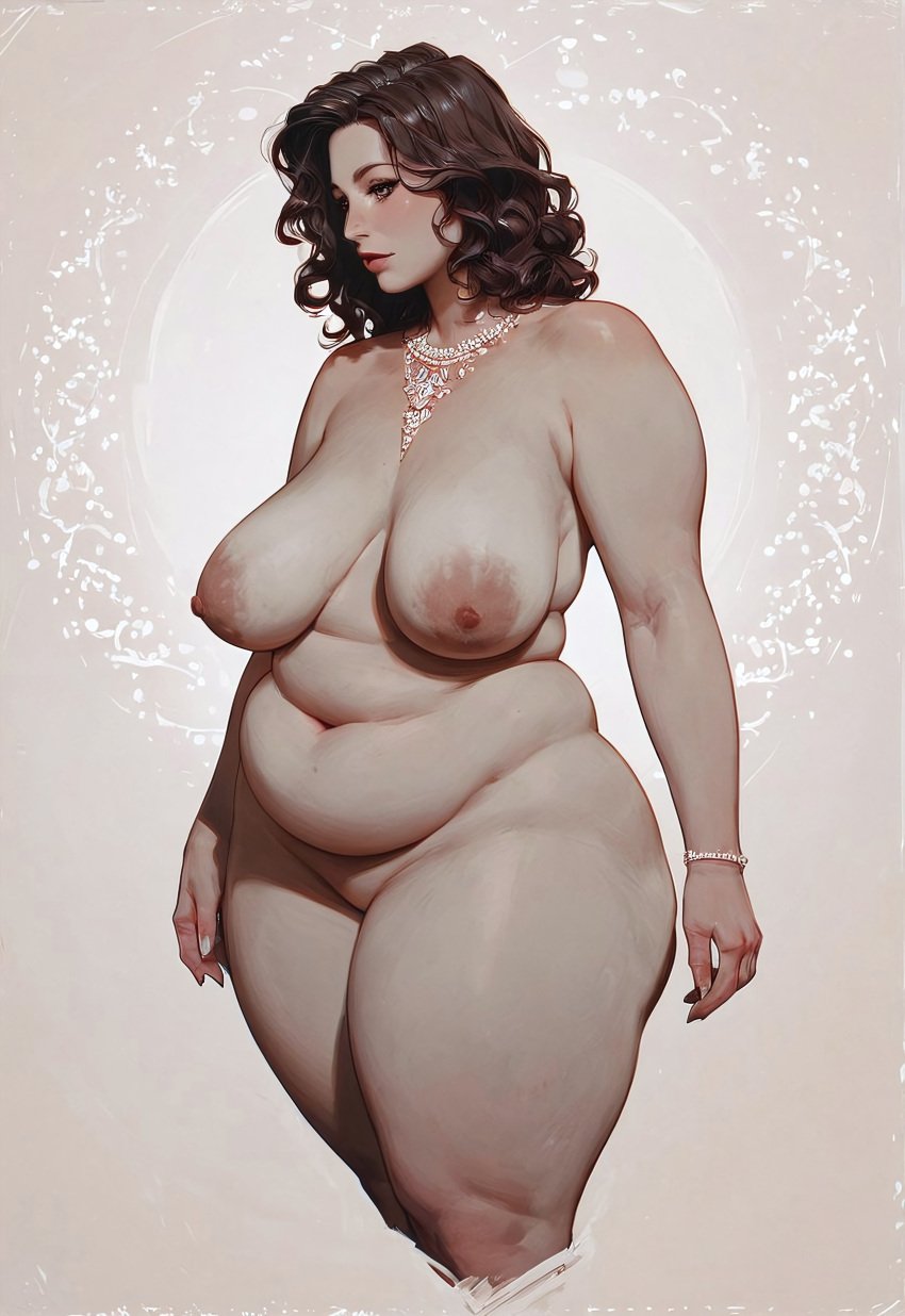 3/4_view ai_generated belly belly_overhang big_breasts large_areolae large_breasts mature mature_female medium_hair milf pawg sagging_breasts thick_legs thick_thighs