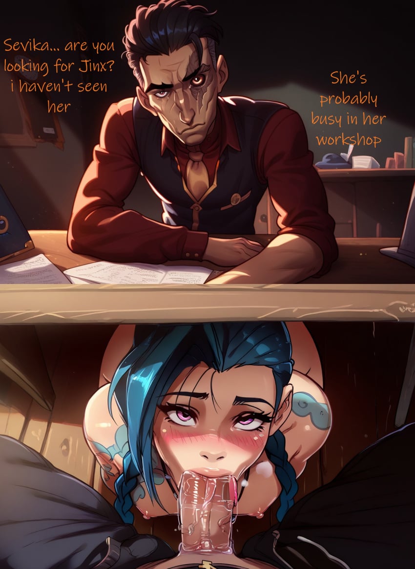 ai_generated arcane arcane_jinx big_penis blowjob blowjob_face blue_hair blush braid dominant_male domination hidden hidden_sex incest jinx_(arcane) jinx_(league_of_legends) kuriva league_of_legends league_of_legends:_wild_rift looking_at_viewer male/female naked_female nipples panels pov pov_male riot_games saliva saliva_trail silco_(arcane) slut small_breasts step-incest submissive_female table tattoo tattoos text tongue under_the_table veiny_penis