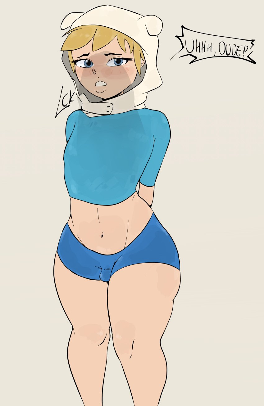 1boy 1femboy 1male adventure_time arms_behind_back booty_shorts cartoon_network crop_top english_text femboy femboy_only finn_the_human hands_behind_back leekcheek male male_only midriff penis_shadow short_shorts shorts small_penis talking talking_to_viewer thick thick_hips thick_thighs tiny_penis wide_hips worried worried_expression