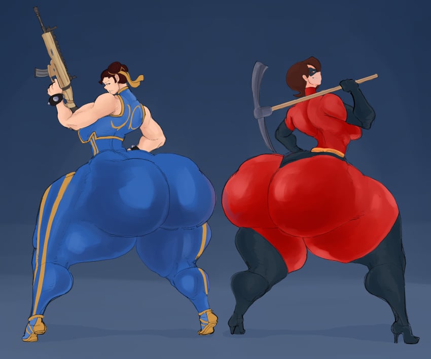 big_ass brown_hair chun-li gigantic_ass helen_parr huge_thighs massive_ass massive_thighs mybigbaws red_suit thick_thighs weapon wide_hips