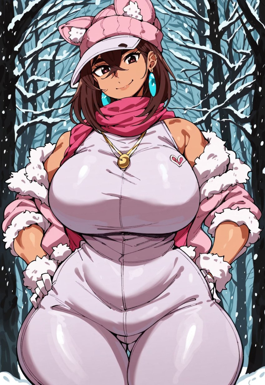 ai_generated ayase_momo brown_hair cap civitai clothed_female dandadan earrings gloves hands hat hips hourglass_figure huge_breasts jacket jeans necklace on outside scarf smiling smirking snow thick_thighs trees