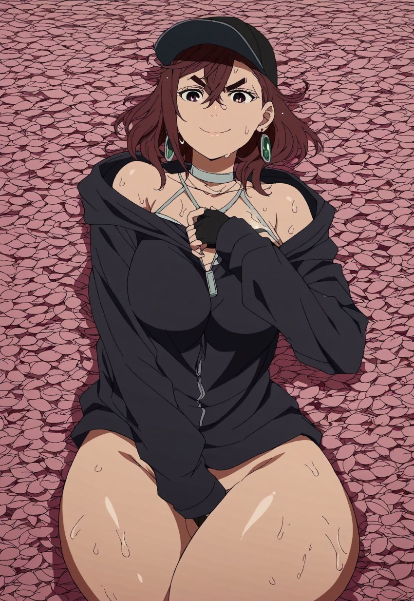 ai_generated ayase_momo brown_hair cap civitai clothed_female dandadan earrings flower hips hourglass_figure huge_breasts necklace outside petals shorts smiling smirking sweat tanktop thick_thighs trees