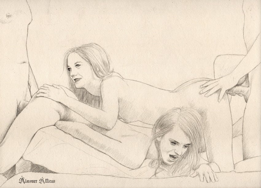 2boys 2girls actress almoner_atticus ambiguous_penetration bonnie_wright brown_hair celebrity emma_watson erect_penis foursome ginger ginny_weasley hand_on_butt harry_potter hogwarts_student on_bed on_stomach red_hair sketch small_breasts surprised_look