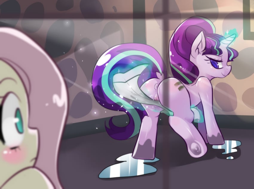 blush female_focus fluttershy_(mlp) friendship_is_magic furry furry_female hinghoi my_little_pony pegasus pony spying starlight_glimmer starlight_glimmer_(mlp) uncensored unicorn watching wet wet_pussy